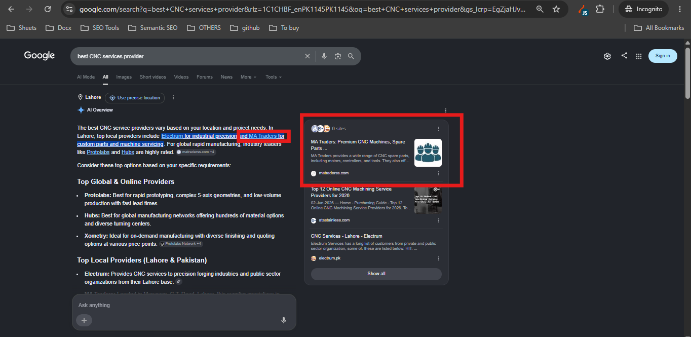AI Overview and Generative Engine Optimization visibility results for a client website