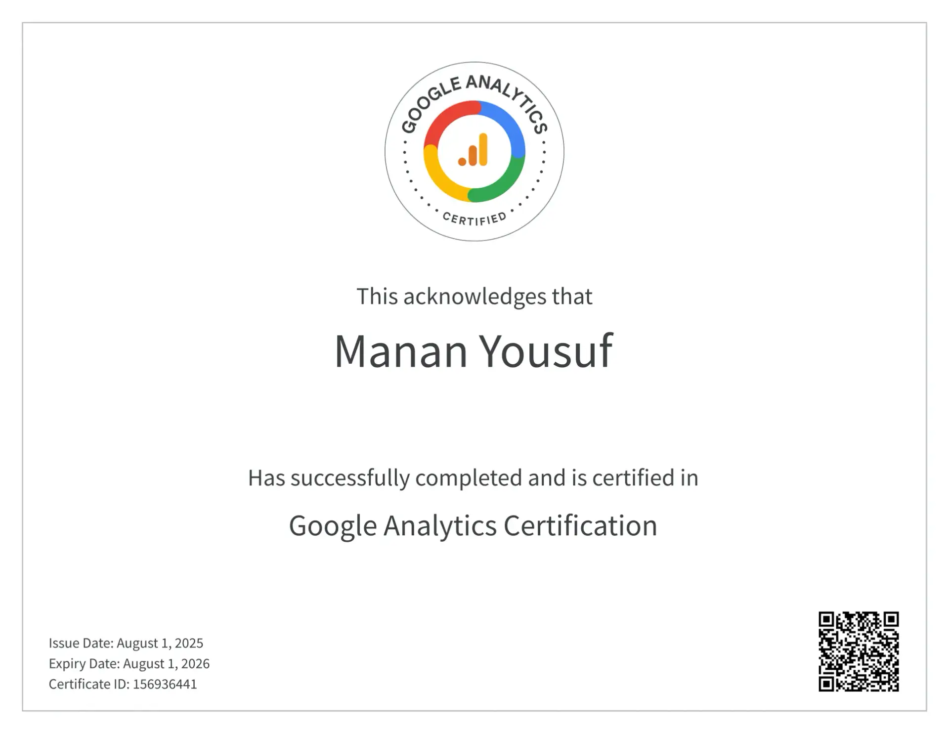 Google Analytics GA4 Certification awarded to Abdul Mannan Yousuf