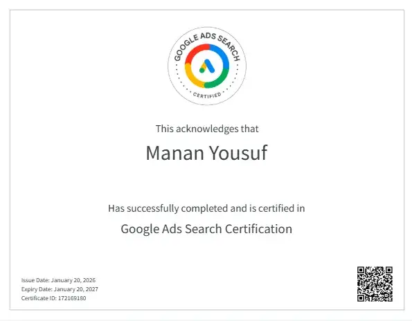 Google Ads Search Certification awarded to Abdul Mannan Yousuf