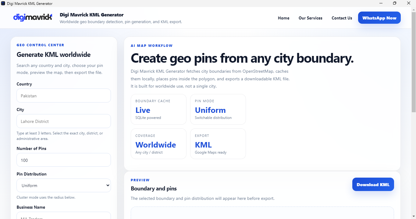 DigiMavrick KML Generator SaaS tool UI