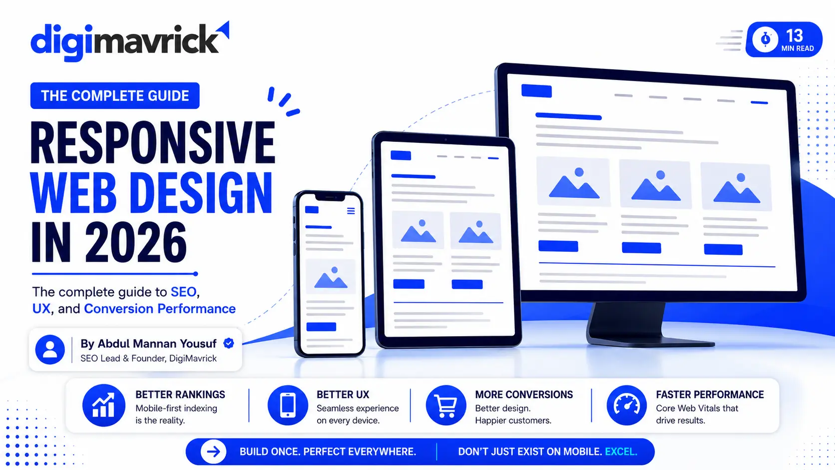 Responsive web design illustration showing a mobile phone, tablet, and desktop monitor displaying the same website layout adapted for different screen sizes, highlighting mobile-first design, SEO, UX, and conversion optimization.