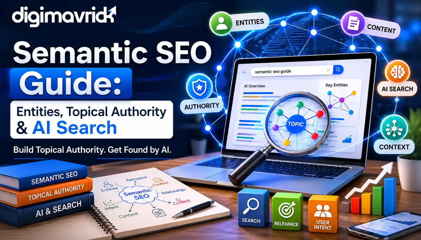 Semantic SEO Guide feature image showing a laptop with a semantic SEO dashboard, entity relationship graph, topical authority visualization, AI search concepts, and connected knowledge graph elements. The Digimavrick logo appears prominently in white on a blue technology-themed background representing entities, context, authority, content, and AI-driven search.