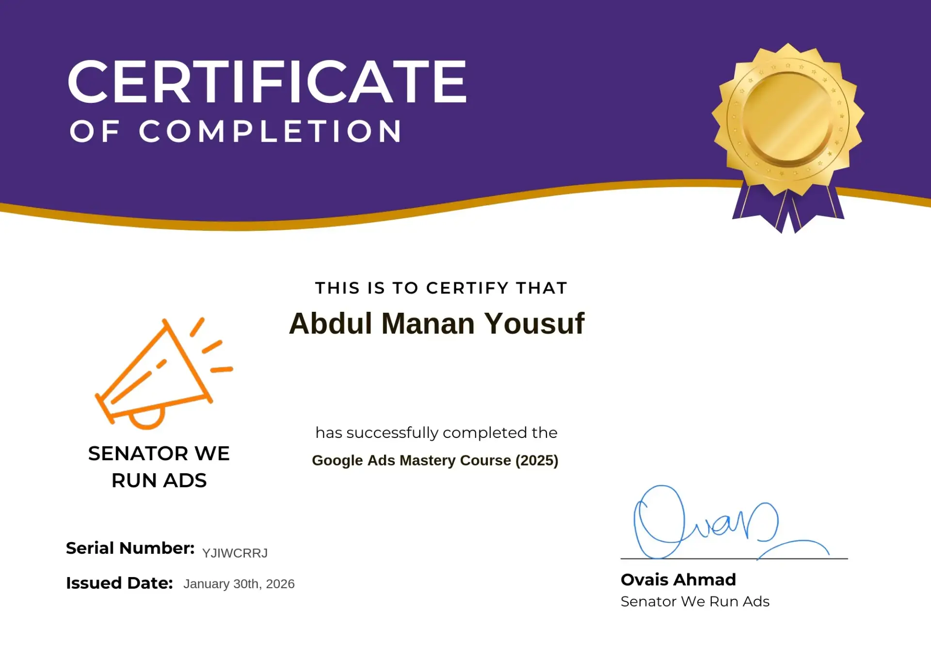 Google Ads Mastery Course 2025 certificate for Abdul Mannan Yousuf